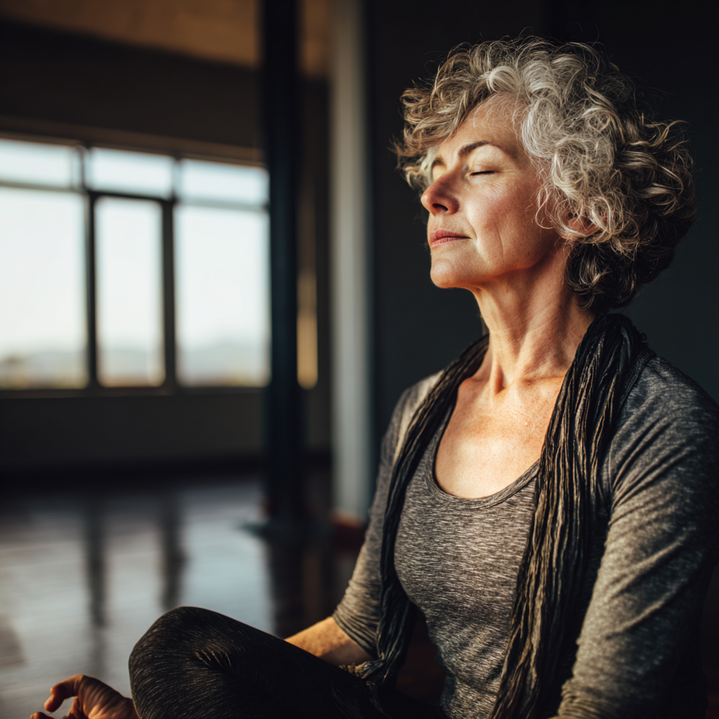 50 years old woman practicing mindful breathing meditation in serene yoga studio