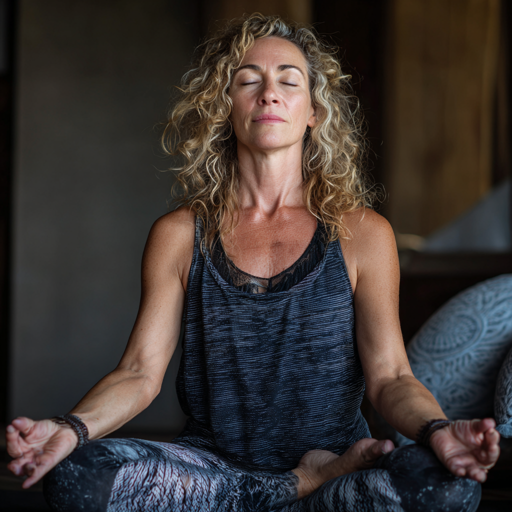 51 years old woman in peaceful yoga pose showing inner balance and serenity