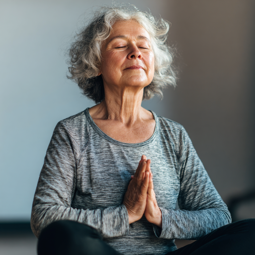 52 yeas old woman practicing gentle yoga movements with peaceful expression